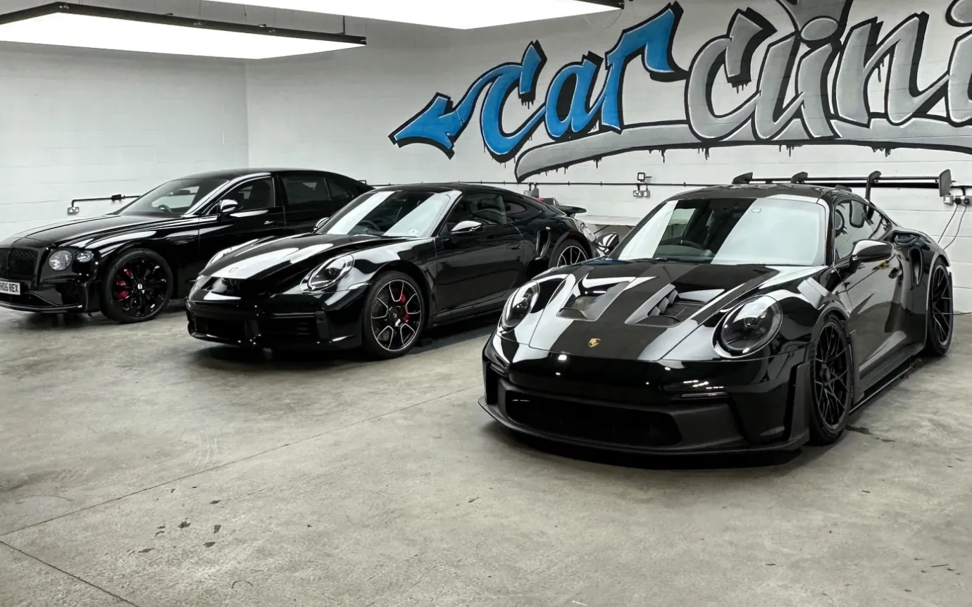 Porsche 911 GT3 RS, Porsche 911 Turbo and Bentley Continental GT lined up in the Car Clinic Northwest studio